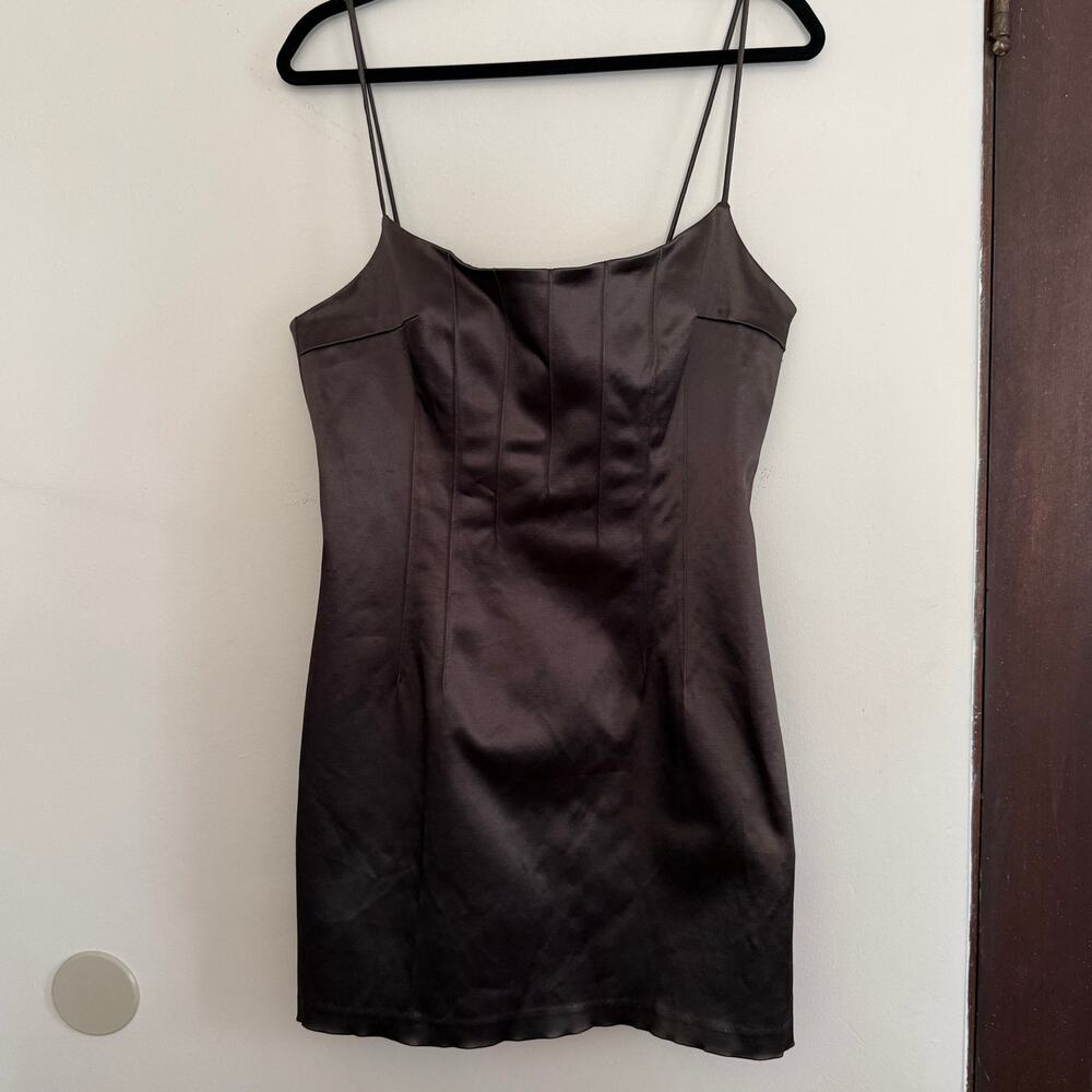90s Vintage MARIA BIANCA NERO Cool Brown Gray Stretch Satin Mini Dress Large